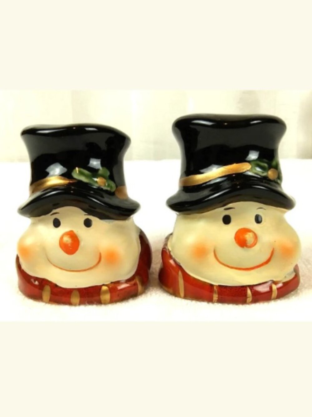 Vintage Snowman Head Salt‎ Pepper Shakers Ceramic Top Hat 3" Tall